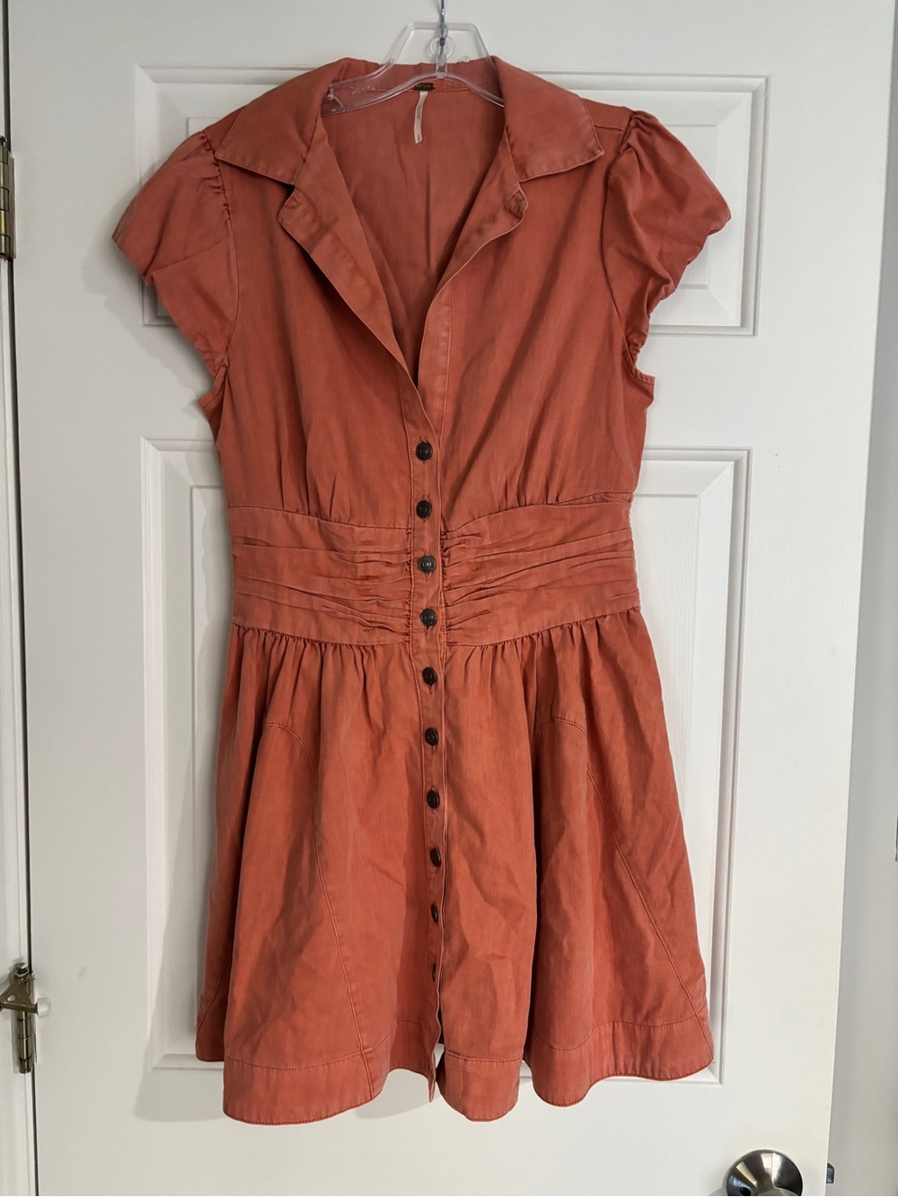 Free People Rust Coral Cotton Button Front Shirt Dress Smocked Waist - Small